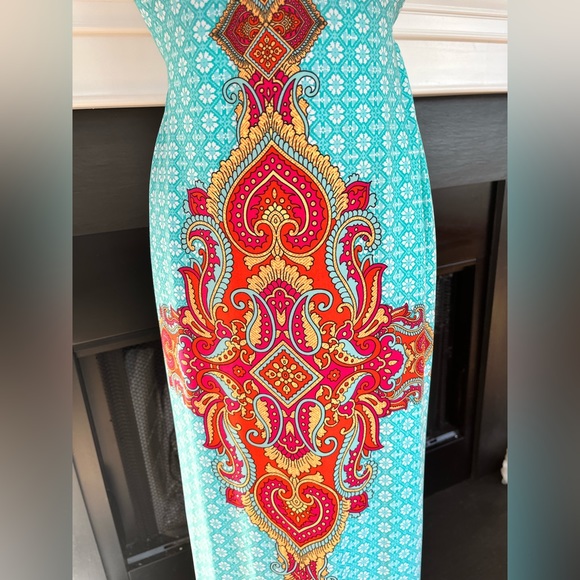 🌻Venus Boho Turquoise Paisley Maxi Dress with Faux Leather Accent at Waist - Picture 6 of 6